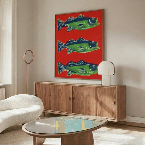 Red fish in contemporary pop art style, framed poster print with graphic simplicity and vivid color expression.