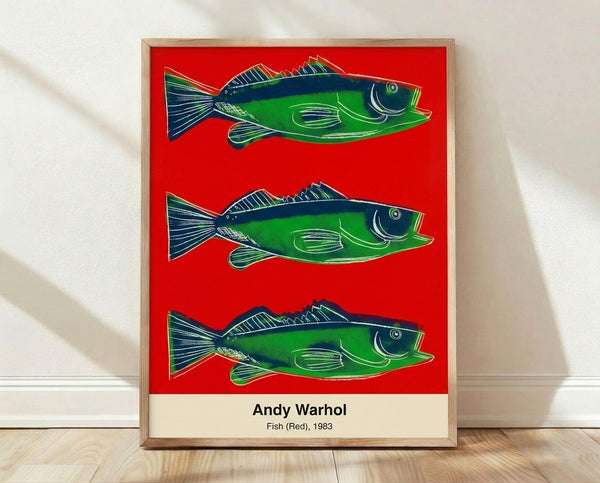 Vibrant pop art poster featuring a stylized fish in bold red, bright pink, and orange tones against a white and black background, inspired by 1980s contemporary art movements.