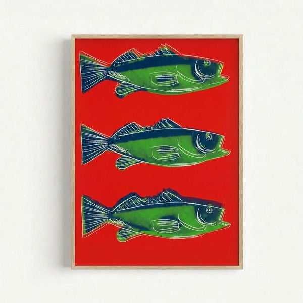 Abstract fish artwork in striking reds and pinks with experimental pop art styling, displayed as a framed poster print with dynamic color blocking.