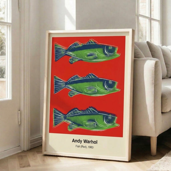 Colorful abstract fish illustration in vibrant reds and oranges with bold pop art sensibility, creating an experimental and contemporary wall art piece.