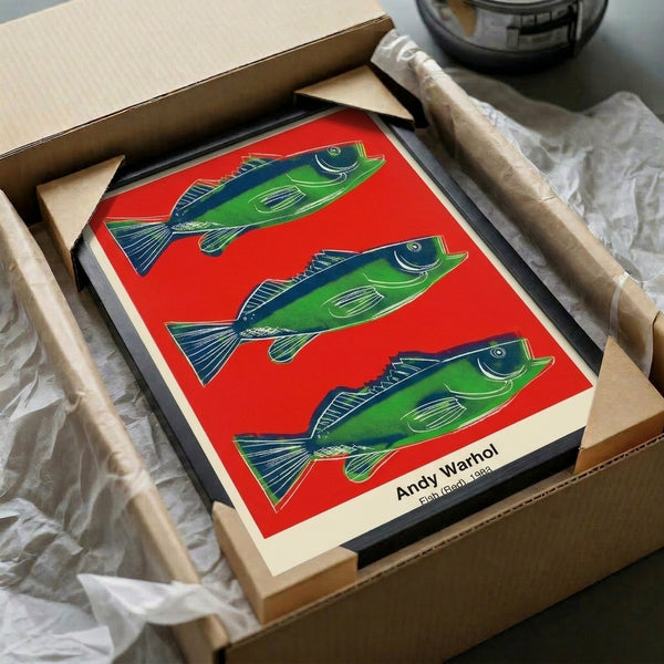 Eye-catching pop art fish design combining hot pink, red, and orange with black and white accents, embodying 1980s modern art movement aesthetics.
