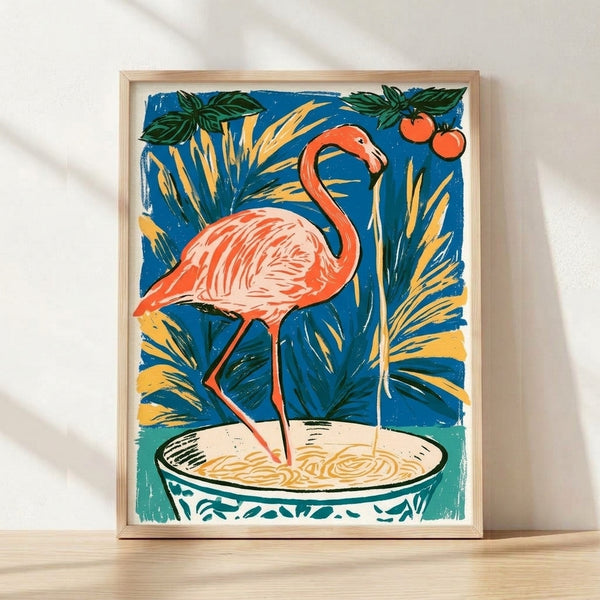 Retro folk art line drawing of a flamingo leaning over a steaming bowl of ramen, surrounded by green plants and a tomato, rendered in warm coral, teal, golden yellow, and cream tones.