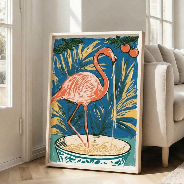Whimsical retro kitchen print featuring a stylized flamingo enjoying ramen in a minimalist line art style, accented with forest green foliage and vibrant warm colors on a cream background.