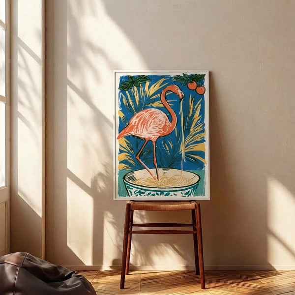 Playful folk art poster showing a pink flamingo contentedly eating from a ramen bowl, with botanical elements in teal, coral, and golden hues in a retro line drawing aesthetic.