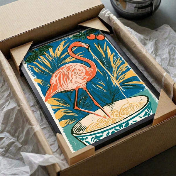 Warm-toned retro art print of a whimsical flamingo mid-slurp at a ramen bowl, surrounded by stylized plant life and tomato, executed in cheerful line art with teal and coral accents.