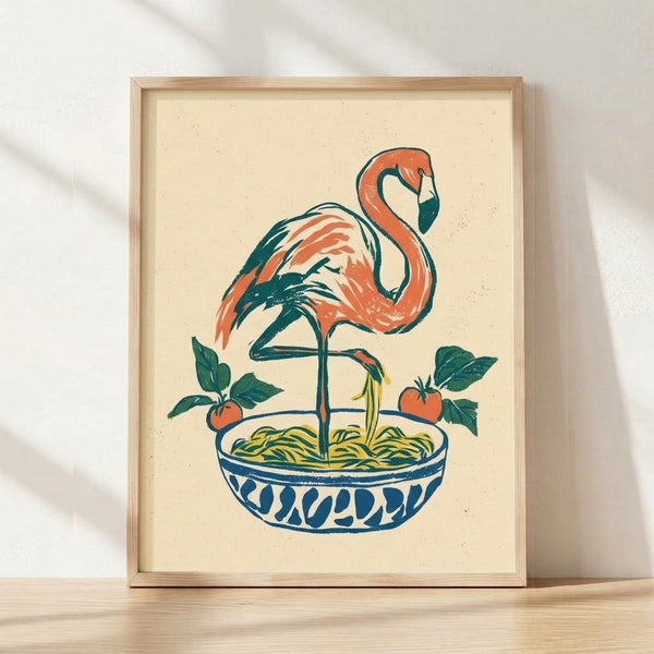 Retro line art poster of a pink flamingo playfully twirling pasta noodles with a fork, surrounded by potted plants and tomatoes in coral, teal, and cream tones.