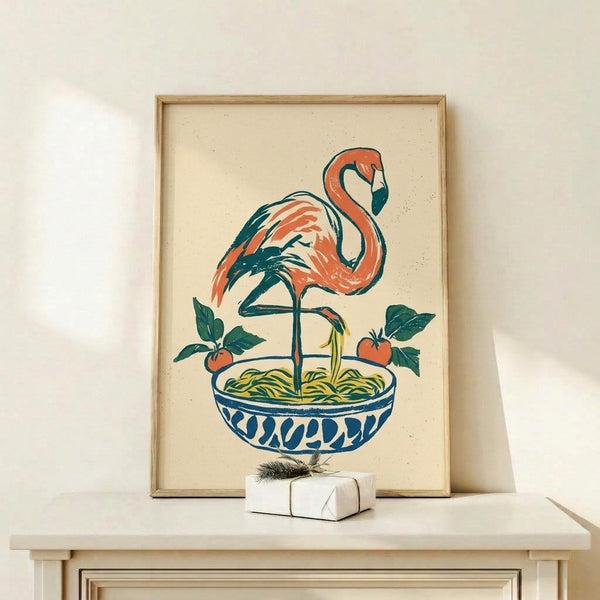 Whimsical boho kitchen wall art featuring a quirky flamingo enjoying a plate of pasta, rendered in minimalist line drawing with warm retro colors.
