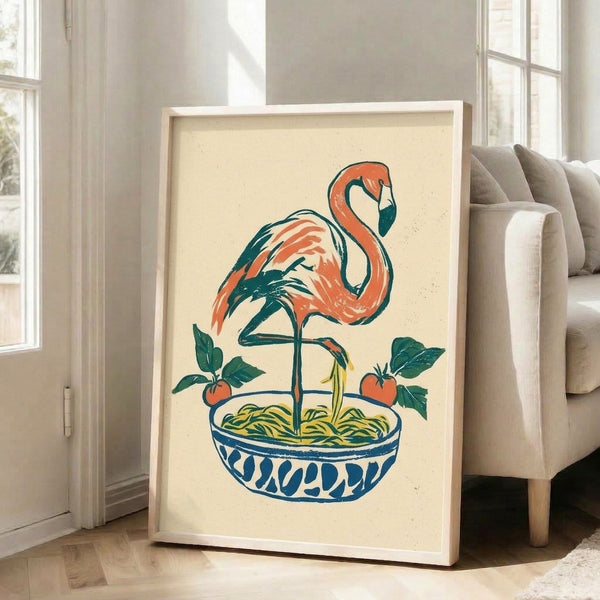 Playful retro poster with a coral flamingo amid botanical elements and pasta, combining line art style with boho aesthetics in teal, yellow, and cream.