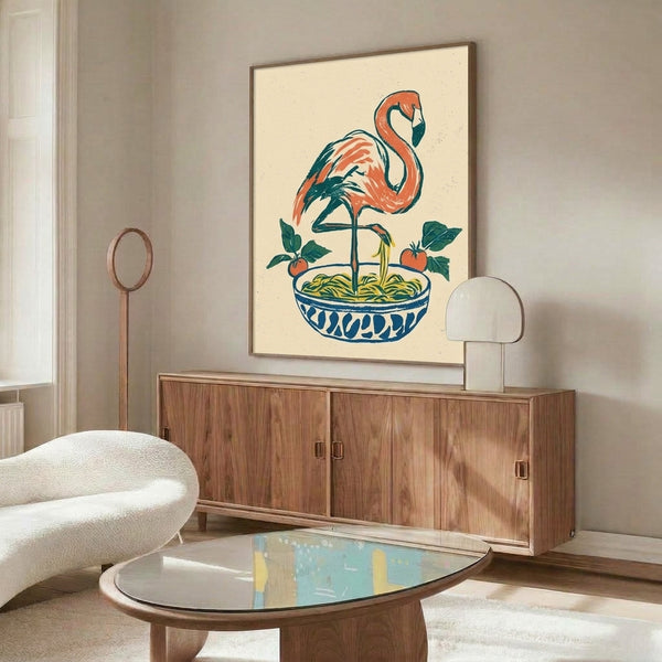 Quirky domestic scene in retro boho style: a pink flamingo at a table with pasta, potted plants, and tomatoes, drawn in simple line art with vintage color palette.