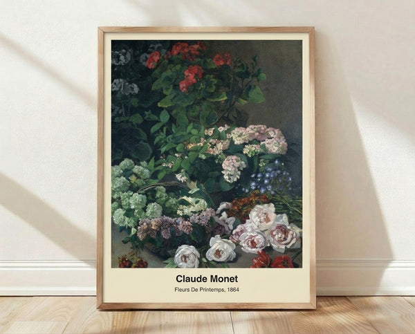 Serene Impressionist painting of water lilies and spring flowers floating on a luminous pond, rendered in soft greens, pale blues, and lavender tones with golden light reflections.