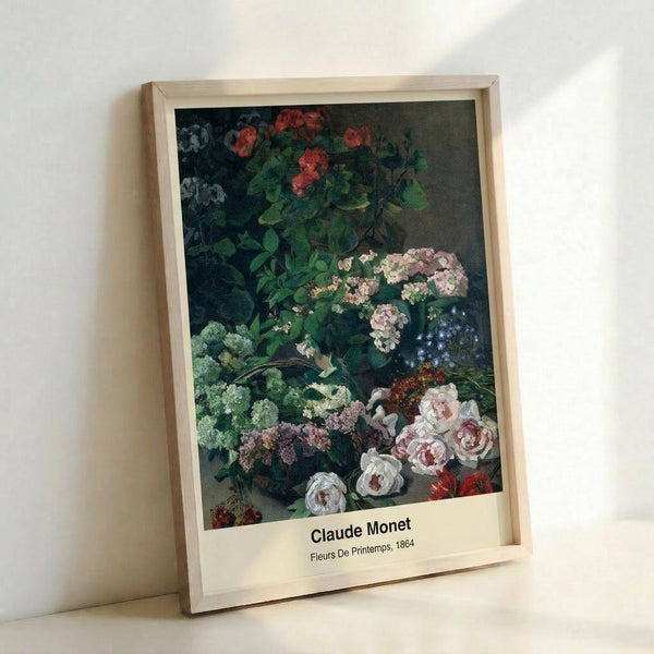 Soft and dreamy Impressionist artwork depicting spring flowers and water lilies beneath a weeping willow, with shimmering reflections in cool greens and whites.