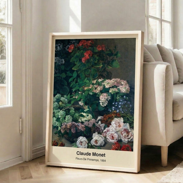 Luminous garden pond framed as a wall poster, showcasing floating water lilies and spring blossoms in impressionistic brushwork with gentle lavender and gold accents.