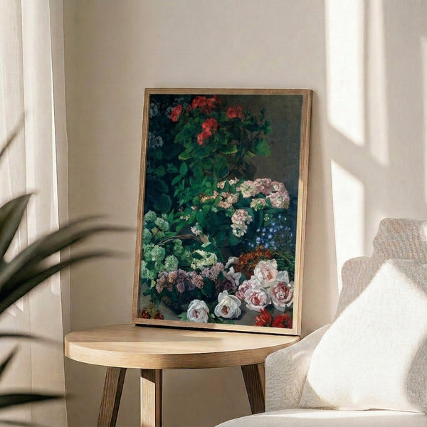 Peaceful water garden landscape in Impressionist style, capturing the interplay of light on water lilies and blooming flowers with a graceful bridge and willow in the background.