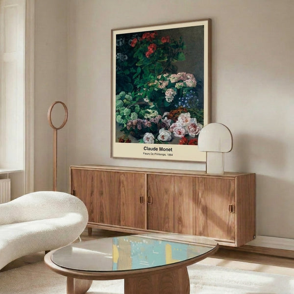Delicate spring flowers and water lilies rendered in soft impressionistic hues of pale blue, green, and lavender, evoking a serene and contemplative mood.
