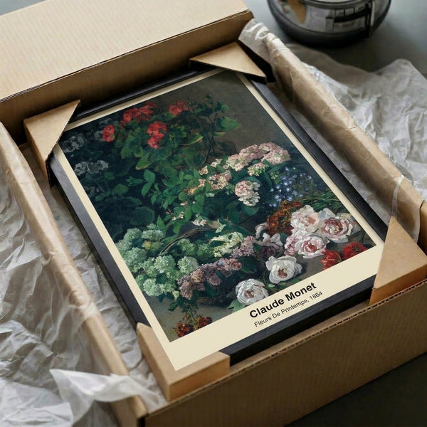 Tranquil pond scene with blooming water lilies and weeping willow in muted gold and blue tones, inspired by classical Impressionist garden paintings.