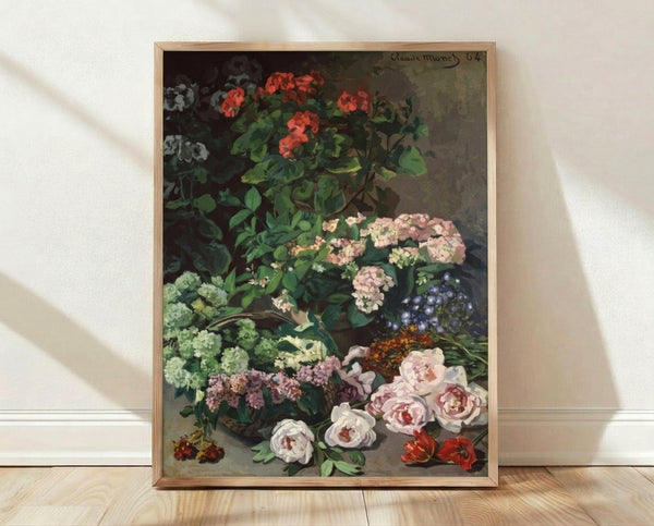 Impressionist floral artwork in soft pastels featuring spring flowers and delicate brushstrokes, framed poster hanging on wall.