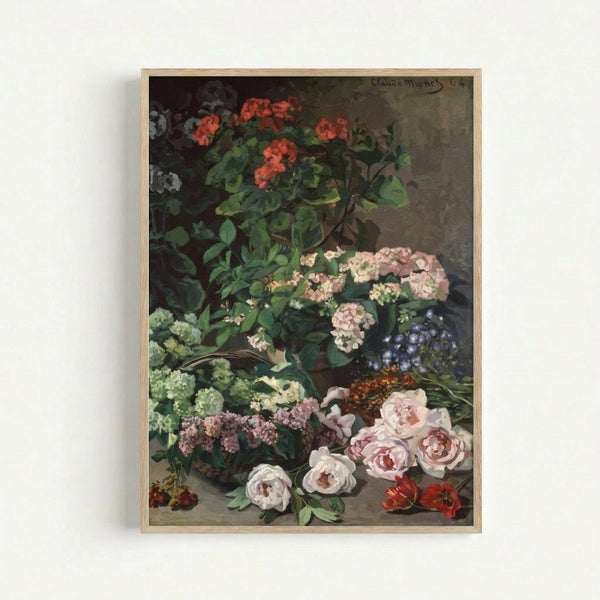 Monet-inspired painting of blooming spring flowers with dreamy impressionist technique and gentle color palette, displayed as framed wall art.