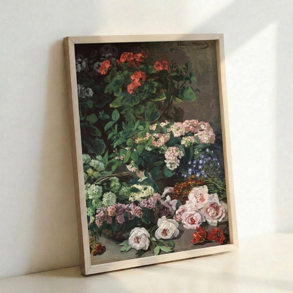 Spring flowers rendered in soft impressionist style with layered pastels and loose brushwork, framed poster in serene composition.