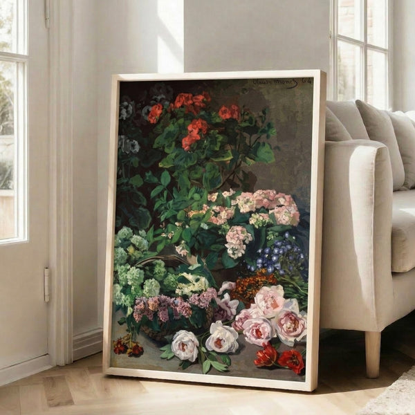 Delicate floral scene in impressionist manner showcasing spring blossoms with ethereal light and muted tones, framed as wall poster.