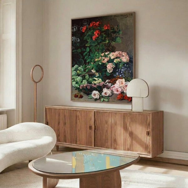 Soft impressionist portrayal of flowering plants and spring botanicals with luminous pastel hues, hanging as framed art print.