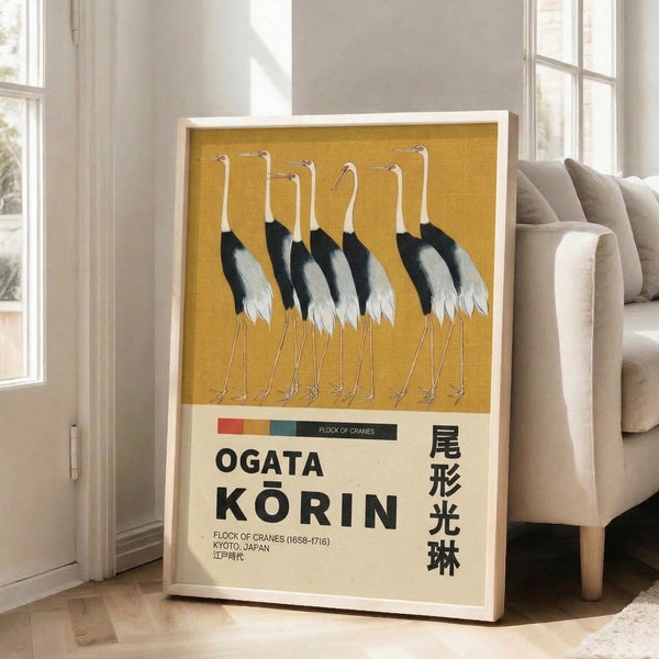 Framed art print of graceful cranes in traditional Japanese woodblock style, combining gold leaf effects with black and white linework in an elegant, meditative composition.