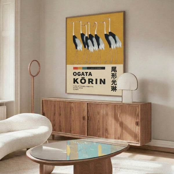 Elegant framed print featuring multiple cranes in flight, executed in the refined Japanese woodblock technique with gold and neutral tones creating a peaceful aesthetic.