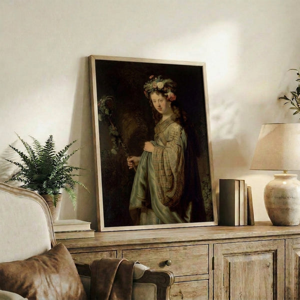 Art nouveau-influenced portrait of a woman adorned with spring blossoms and gold ornaments, rendered in romantic impressionist style with earthy green and cream tones.