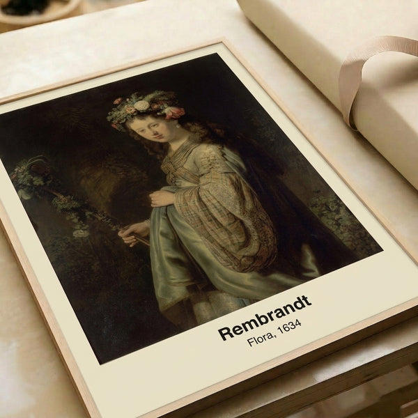 Warm-toned impressionist-style portrait of a flower goddess with romantic spring energy, framed as museum-quality wall art in gold, cream, and rose hues.
