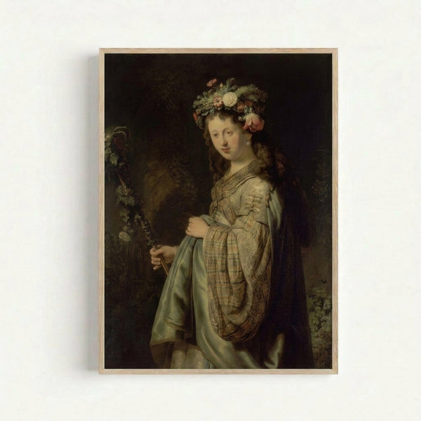 Classical Flora goddess portrait in Rembrandt style with luminous skin tones and ornate details, masterpiece art print hung as framed wall art.