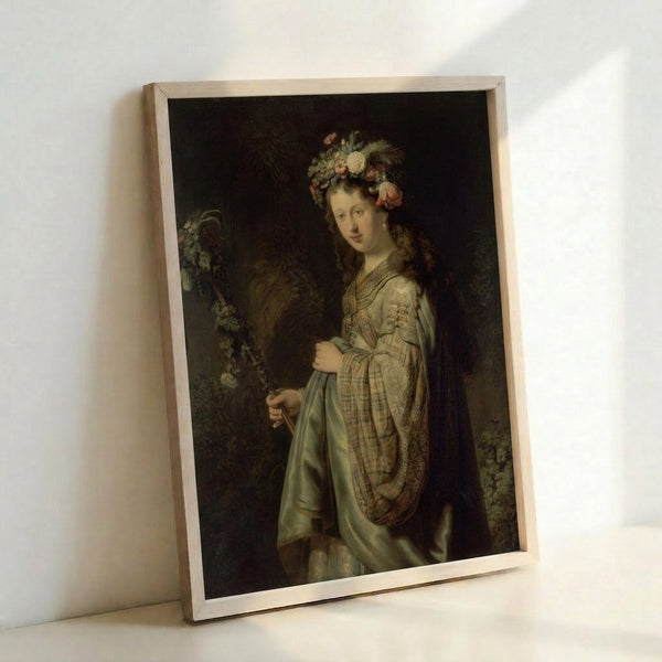 Rembrandt-inspired Flora painting showcasing baroque elegance with flowing fabrics and jewel-toned palette, displayed as a framed museum-quality print.