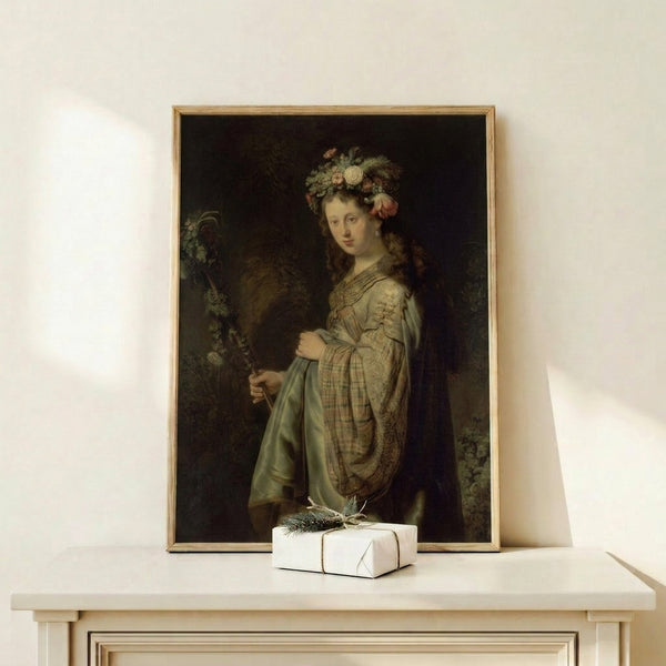 Portrait of Flora as classical goddess in Rembrandt's technique, featuring warm ochres and soft lighting, framed artwork celebrating springtime and nature.