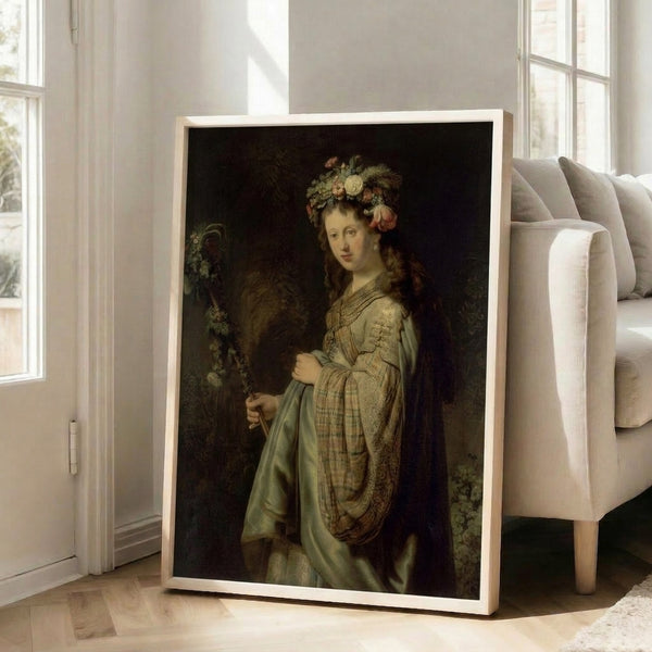 Baroque Flora portrait in muted golds and earth tones reminiscent of Rembrandt, framed as a sophisticated museum print for refined interior spaces.