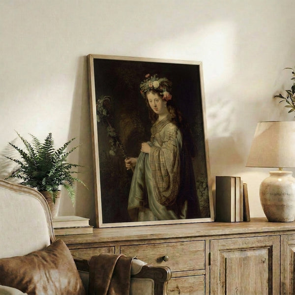 Rembrandt-style classical portrait of Flora adorned with floral elements and rich warm hues, framed museum art print with timeless appeal.