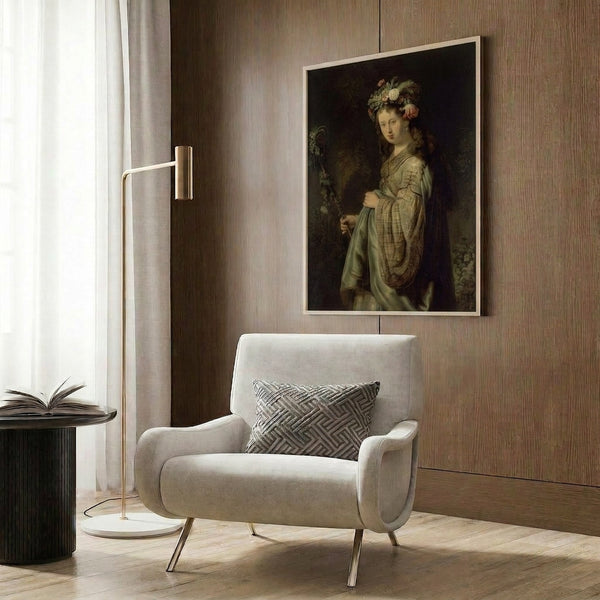 Framed fine art print of Flora in Rembrandt's baroque style, luminous portrait of a goddess figure with golden and warm ochre coloring, ideal spring wall decor.