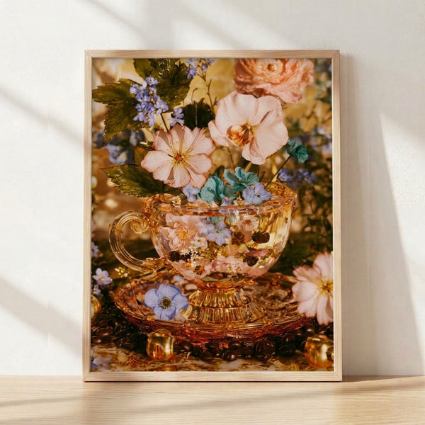 Framed cottagecore still life poster featuring pale pink and lavender flowers arranged with a golden teacup, sage green leaves, and cream accents in a romantic, whimsical boho style.