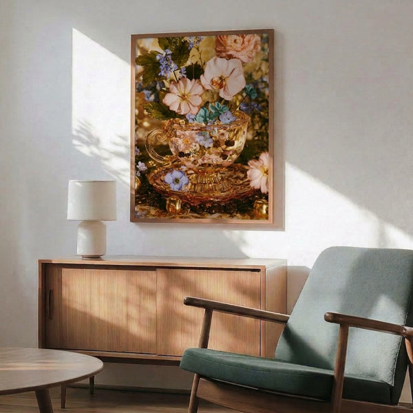 Romantic vintage-inspired art print showing an elegant floral arrangement with orchids in soft pastels, a gleaming gold teacup, and delicate foliage in cozy cottagecore aesthetic.