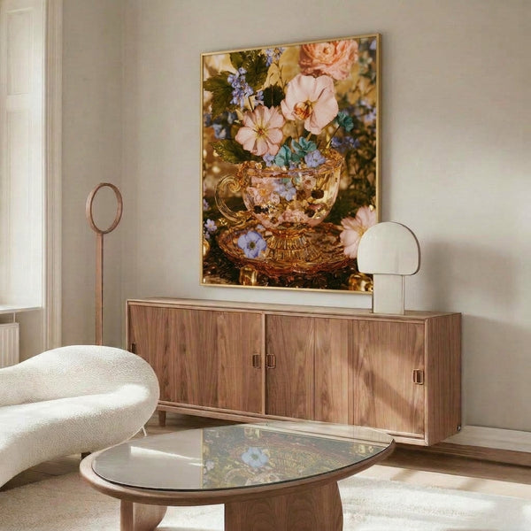 Boho floral still life wall art with pale pink blooms, lavender tones, and golden accents arranged around a decorative teacup, evoking whimsical vintage charm and cozy elegance.
