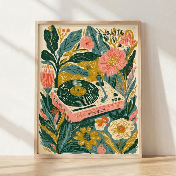 Boho botanical turntable art print featuring a vintage record player surrounded by teal, coral pink, and forest green flowers and leaves in a retro-groovy style.