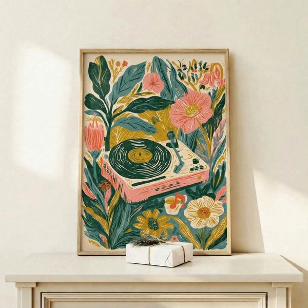 Whimsical vinyl record player poster with mustard gold and cream accents, adorned with flowing botanical elements in a bohemian aesthetic.