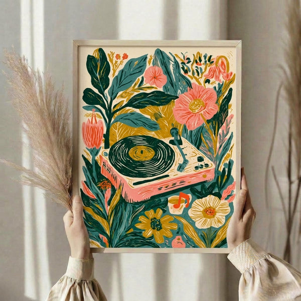 Retro music-inspired framed art print showcasing a turntable design interwoven with colorful flowers and foliage in boho style.