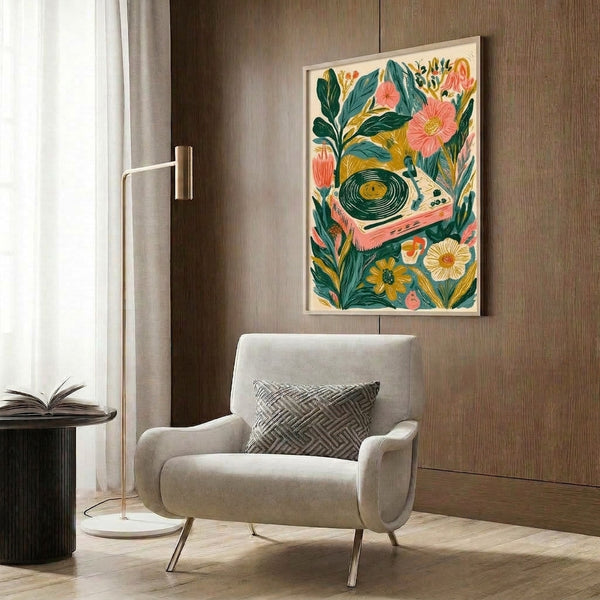 Creative botanical wall art combining a vintage turntable motif with teal, coral, and forest green florals in a playful, retro-inspired composition.