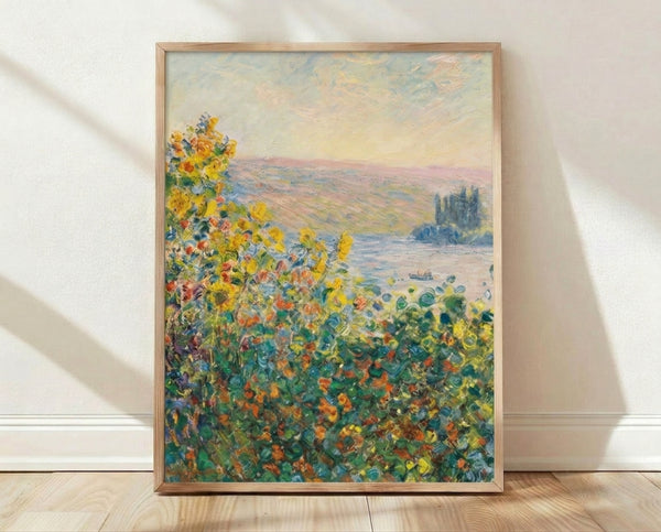 Monet's Flower Beds at Vétheuil framed poster displaying vibrant impressionist garden scene with blooming flowers in warm and cool tones on a wall.