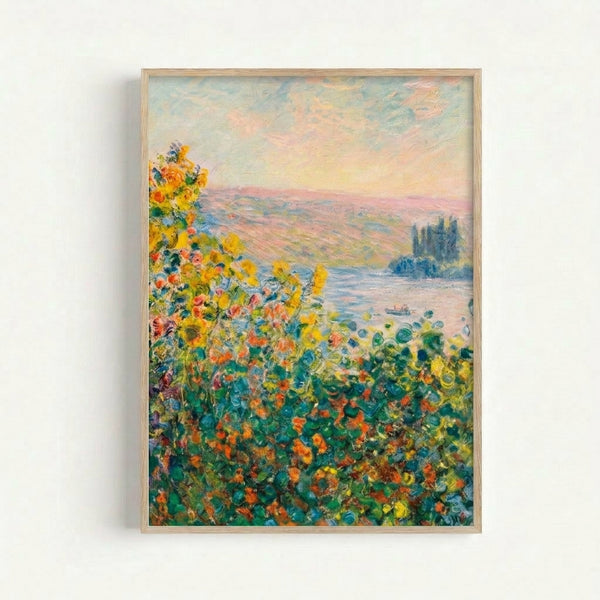 Vintage impressionist art print of a sunlit flower garden with soft brushstrokes and luminous color palette, featuring Monet's celebrated Vétheuil composition.
