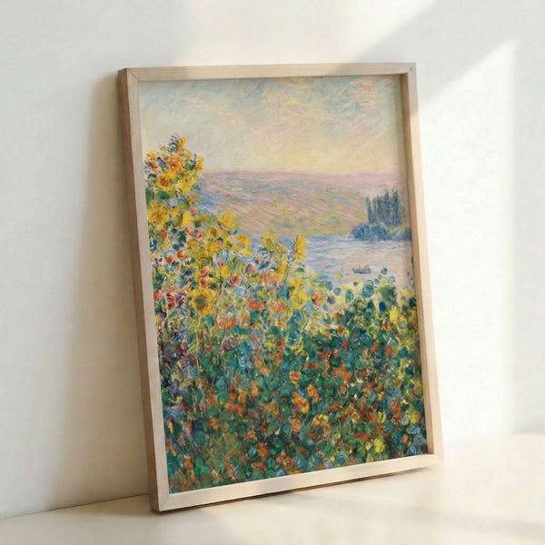 Classical garden painting poster showcasing delicate floral beds rendered in impressionist style with atmospheric light and refined color harmonies.