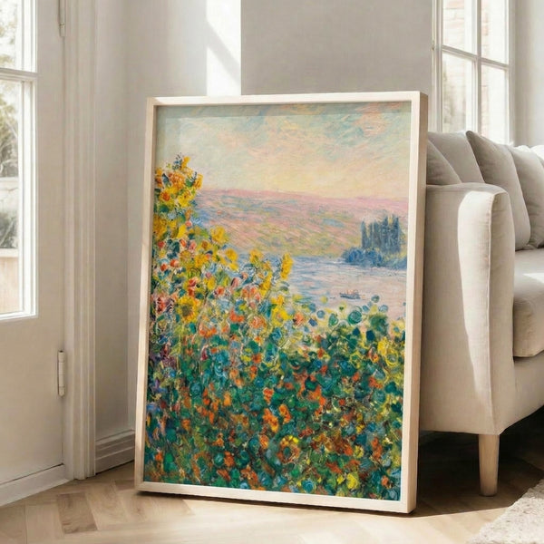 Framed art print of Monet's lush flower garden at Vétheuil with impressionistic brushwork and a serene, naturalistic mood in soft palette tones.