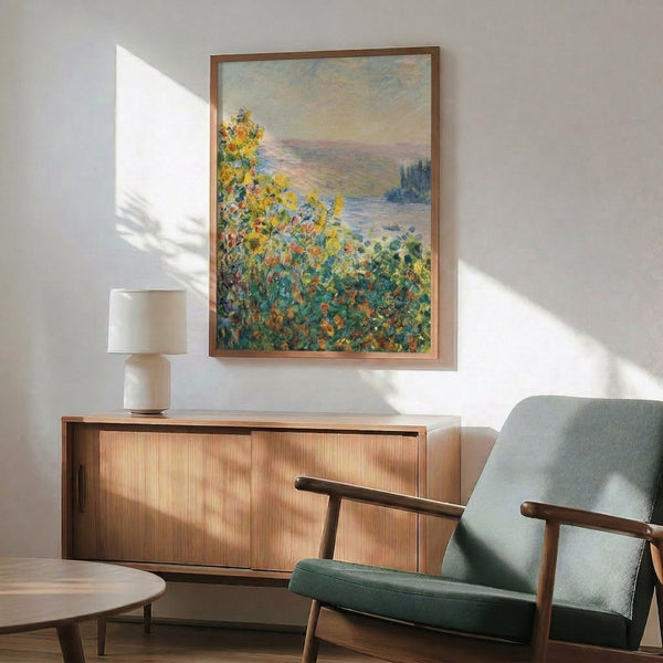 Impressionist poster depicting blooming flower beds with dappled light effects characteristic of Monet's Garden series, displayed as home wall decor.