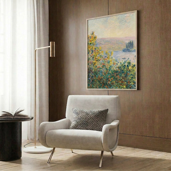 Monet flower garden framed print capturing the essence of Vétheuil's flower beds through soft impressionist technique and luminous color transitions.