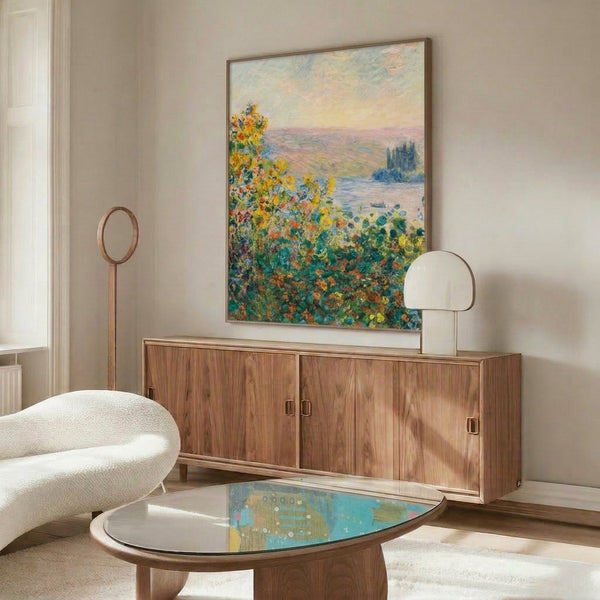 Wall-mounted poster of impressionist floral landscape with delicate brushwork and peaceful garden atmosphere inspired by Monet's Flower Beds at Vétheuil.