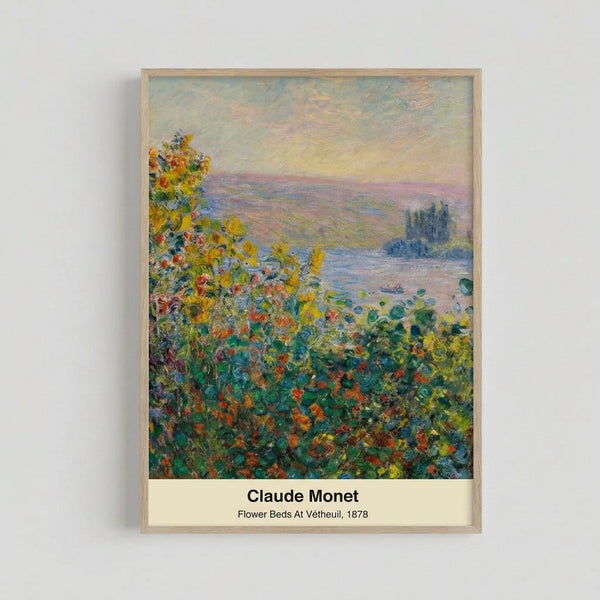 Serene garden scene with blooming flowers in impressionistic style, featuring warm orange and cool blue hues creating a contemplative atmosphere, displayed as framed wall art.