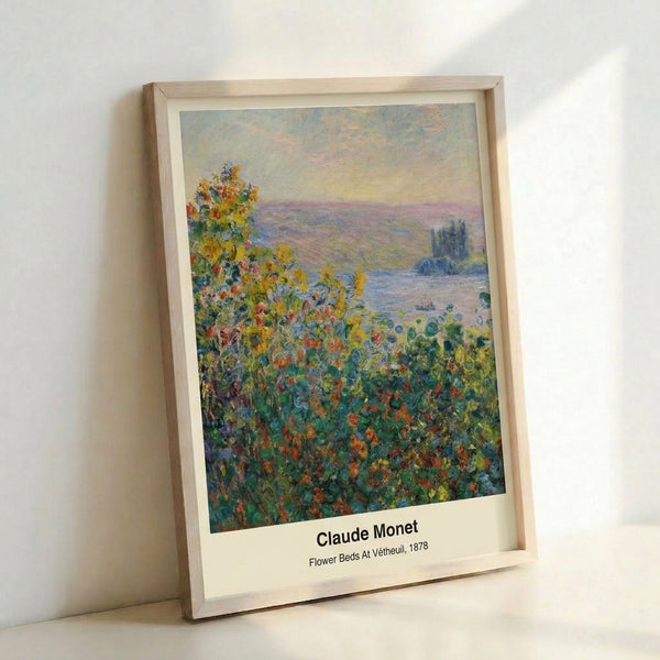Monet-inspired floral landscape with lush flower beds in shades of orange, green, and violet, capturing the tranquil mood of a riverside garden in impressionist technique.